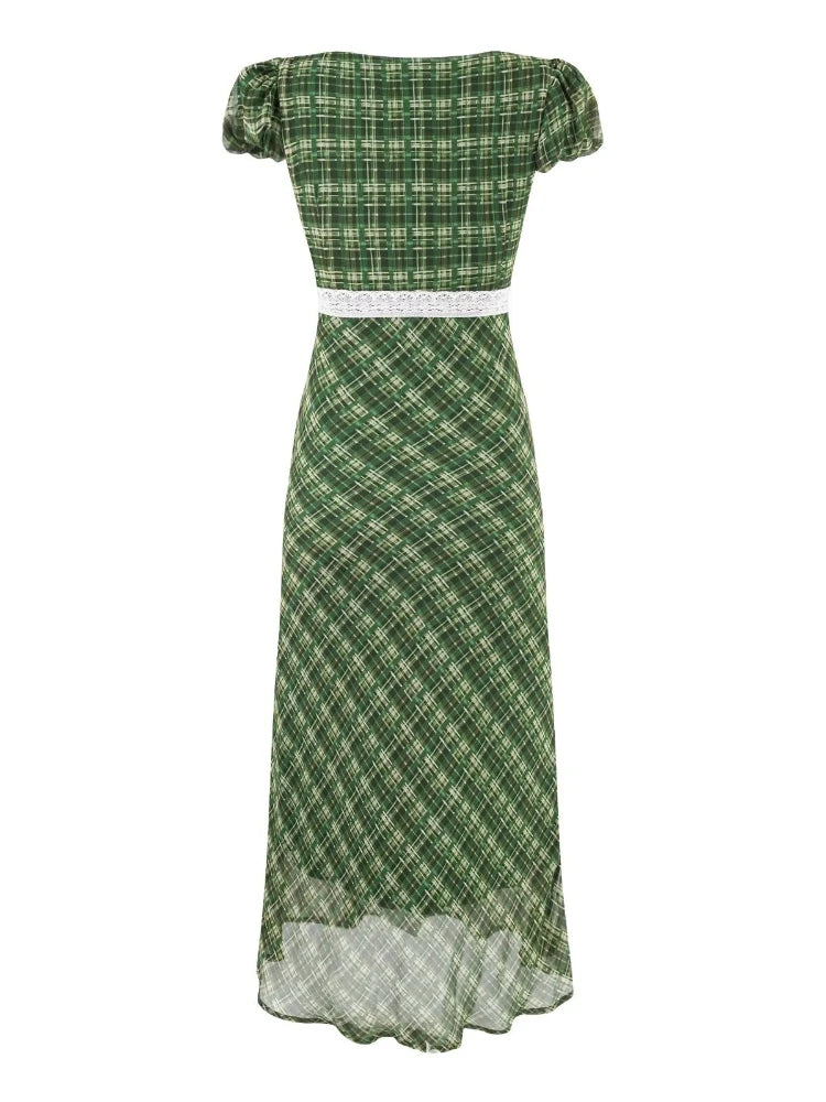 LIZAKOSHT  -  Summer New Women's Clothing French Green Grid Square Collar Lace Patchwork Jumpsuit Sweet and Fresh Club Party Long Dress