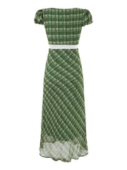 LIZAKOSHT  -  Summer New Women's Clothing French Green Grid Square Collar Lace Patchwork Jumpsuit Sweet and Fresh Club Party Long Dress