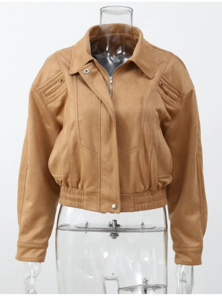 LIZAKOSHT  -  Elegant Cropped Suede Jacket Women 2025 New Autumn Winter Vintage Casual Loose Pocket Zipper Long Sleeve Short Coat Streetwear