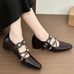 LIZAKOSHT  -  Design Lovely Buckle Straps Mary Janes Shoes Women Chic Black 4cm Mid Heels Shoes Chain Office Lady Dress Pumps