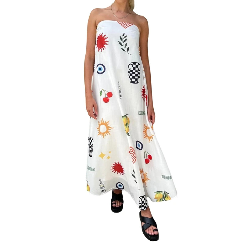 LIZAKOSHT  -  Women Graphic Strapless Long Tube Dress Vintage Off Shoulder Backless Maxi Dress Flowy Summer Holiday Beach A-line Dress