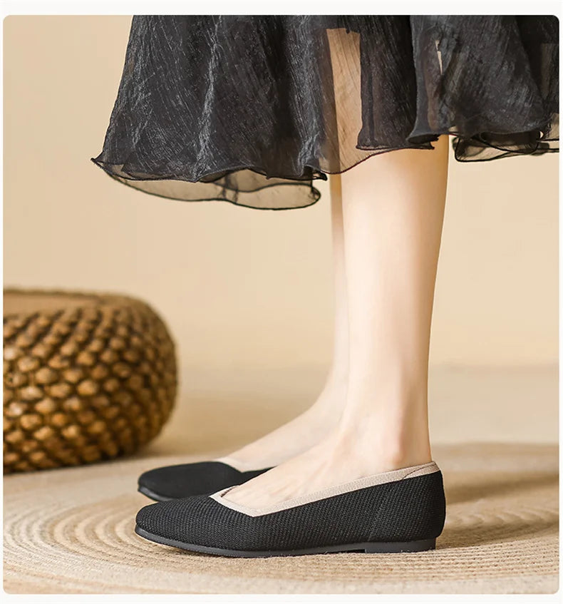 LIZAKOSHT  -  Women Spring Summer Comfort Fashion Knitting Fly Line Flat Shoes Luxury Shallow Mouth Square Toe Soft Sole Single Shoes