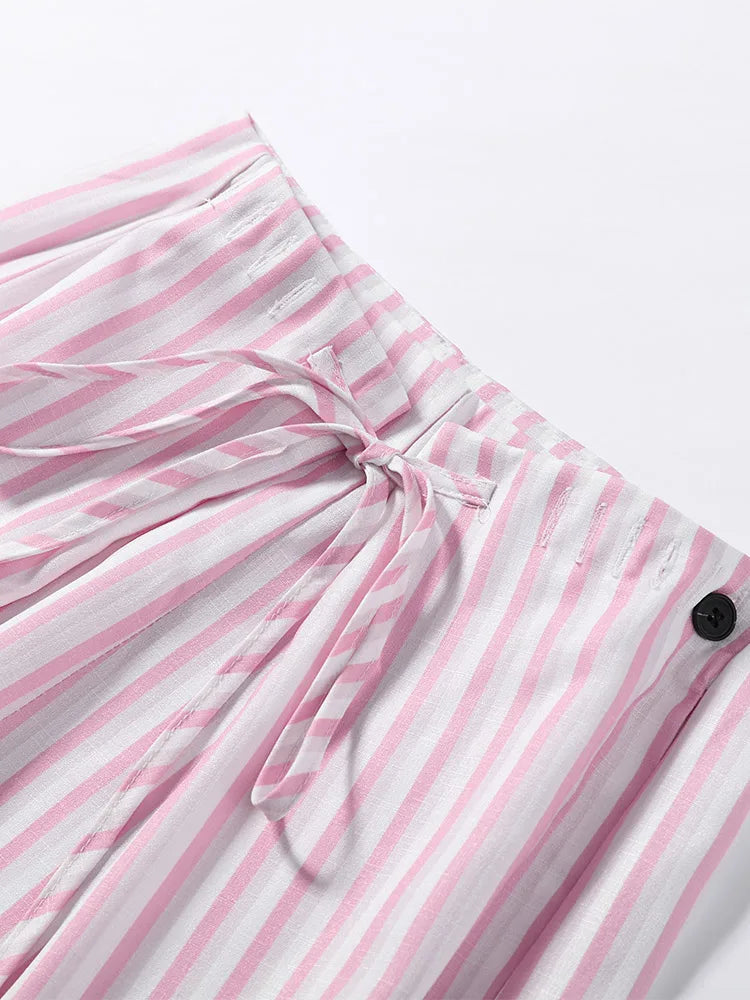 LIZAKOSHT  -  Pants Leg Stripe Women Trousers Adjustable Waist Wrap Loose Summer Floor Length Boho Palazzo Trousers Women Outfit For Women