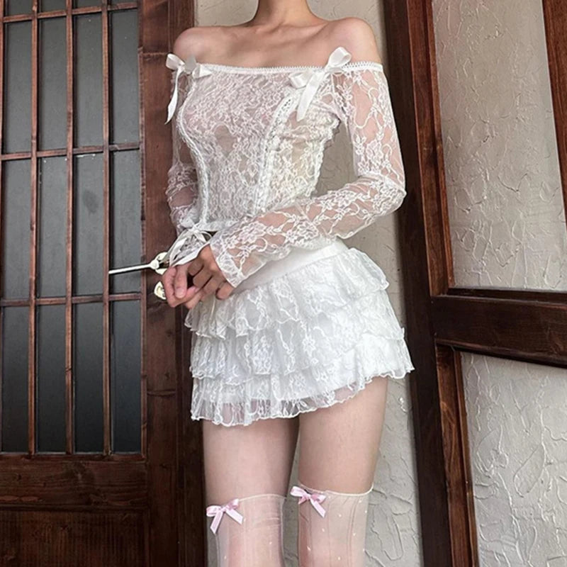LIZAKOSHT  -  Lolita 2 Piece Set Fairy Cute Bow Lace Off Shoulder Crop Tops T-shirt + Multi-layers Pleated Mini Skirt Y2K Kawaii Retro Outfits