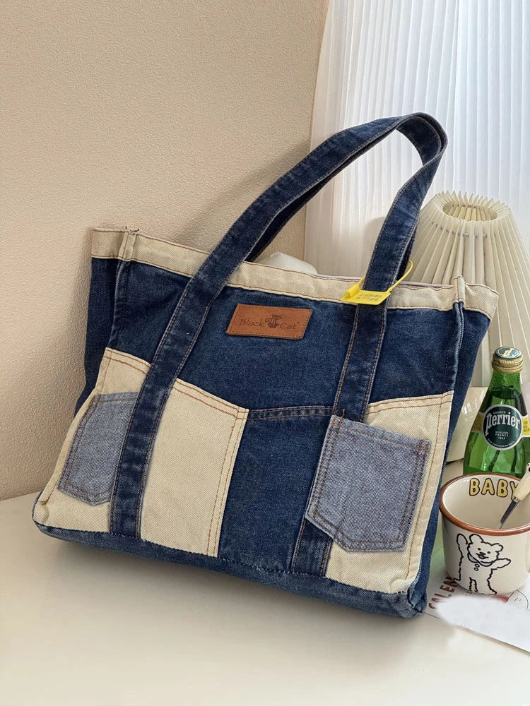 LIZAKOSHT  -  Women's Cowboy Shoulder Bag Shopping Bags Splicing Denim Handbag Fashion Simple Tote