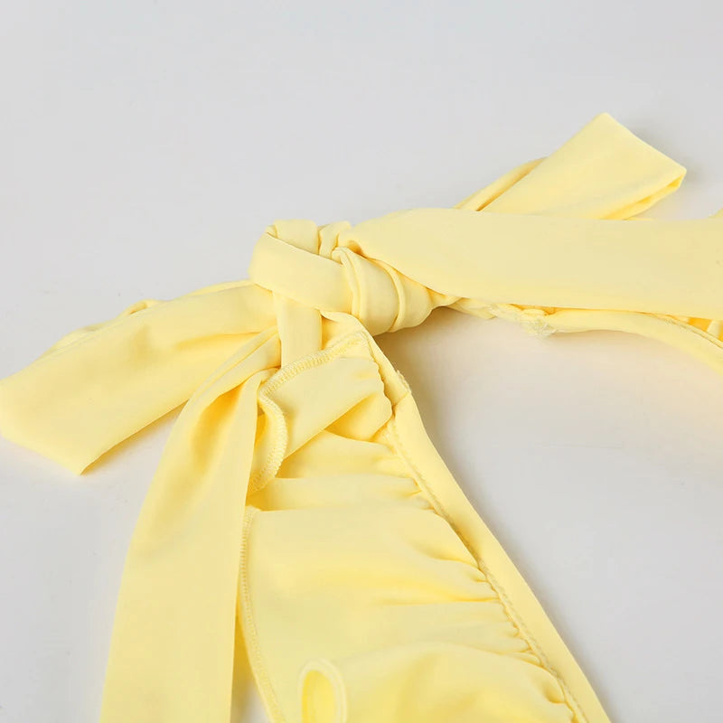 LIZAKOSHT  -  Yellow Layered Ruffles Skirt Set Women's Sexy Slim Fit Floral Edge Backless Halter Top Set 2025 Summer Vacation Street Outfit