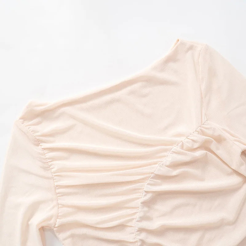 LIZAKOSHT  -  Summer See-Through Mesh T-shirt Top Women Pleated Patchwork See-Through Slim Cropped Top Tee Female Solid T-shirt Pullover