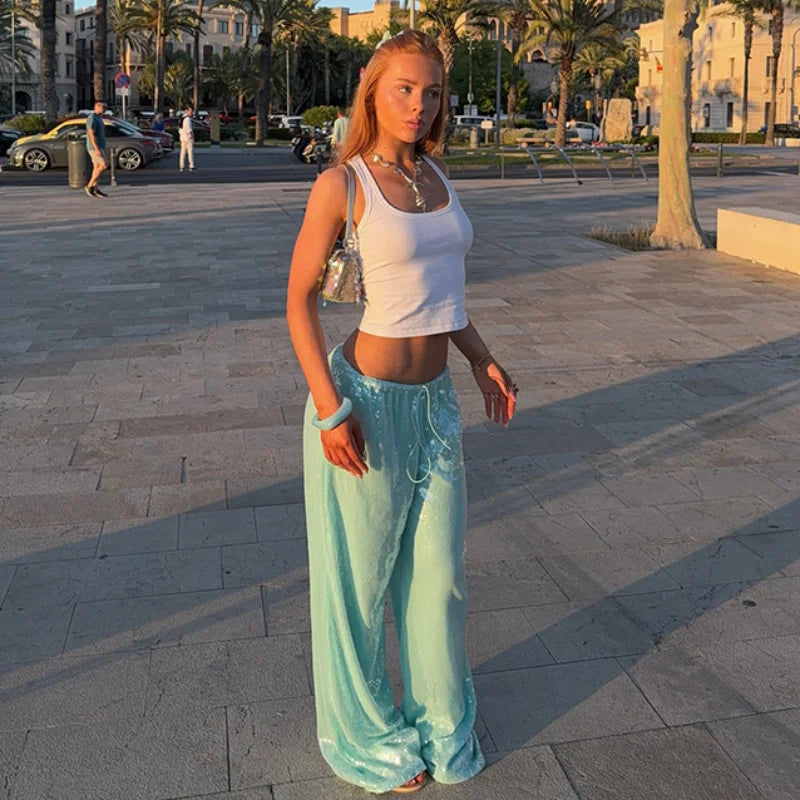 LIZAKOSHT  -  Fashion  Sequin Wide Leg Pants Women Casual Loose Lace Up Low Waist Straight Trousers 2025 Summer Lady Vintage High Street Pants