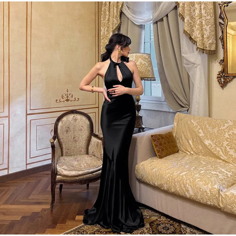 LIZAKOSHT  -  Elegant Long Dress Women Halter Hollow Out Sleeveless Backless Lace Up High Waist Robe Female Chic Party Evening Dresses