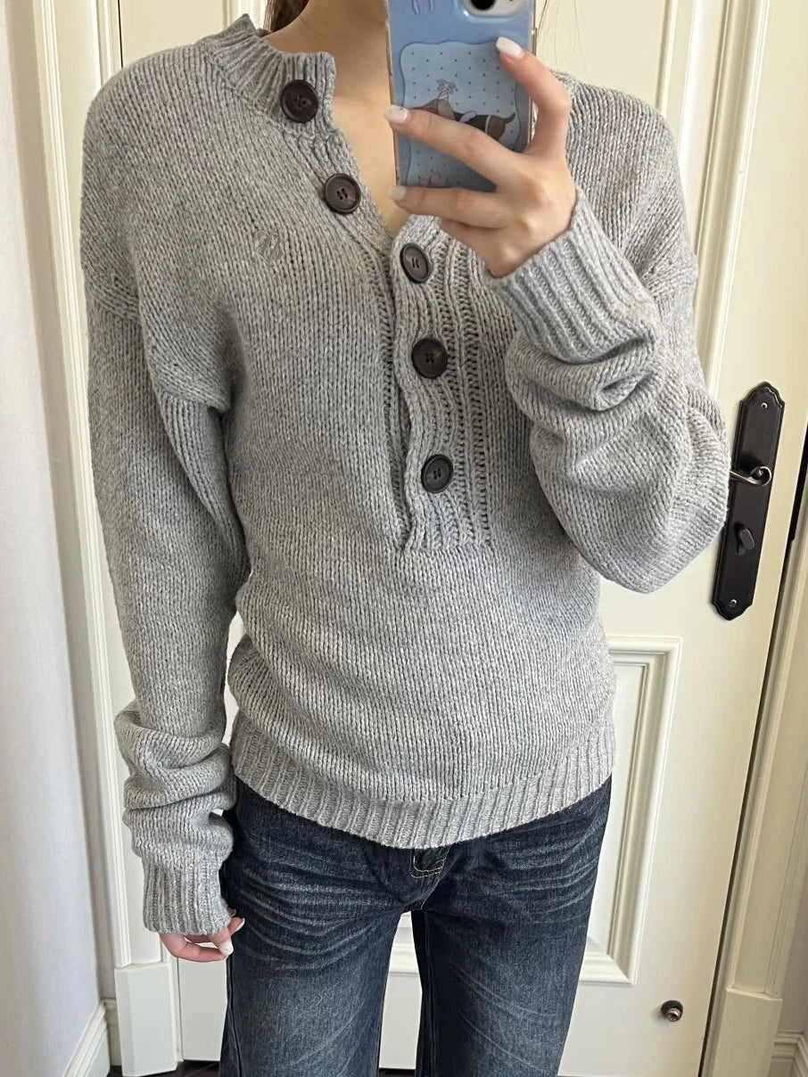 LIZAKOSHT  -  Buttons Grey Sweaters Woman Spring O-neck Long Sleeve Knitted Pullover Top Female Casual Vintage Preppy Style Jumpers Harajuku