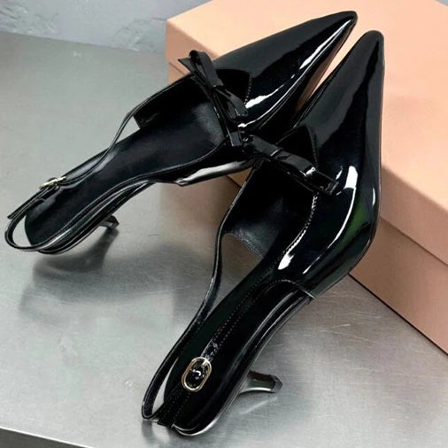 LIZAKOSHT  -  One Line Buckle High Heels Women's Slim Heels New Summer Style Bow Tie Wrap Hollowed Out Patent Leather Sandals