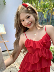 LIZAKOSHT -  Ruffled Red Solid Color Helter Dress Korean Fashion Backless Sleeveless Summer Fashion Short Sexy Dresses