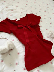 LIZAKOSHT  -  New Year Red Sweet Outfit Lace Korean-Style Elegant Bow Short-Sleeve T-Shirt Women New Casual Slim Fit Waist Tops Spring