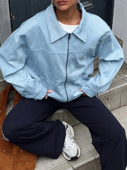 LIZAKOSHT  -  Lapel Long Sleeves Zipper Jacket Woman Straight Solid Color Casual Autumn Winter Coats Retro Street Fashion Women's New Jackets