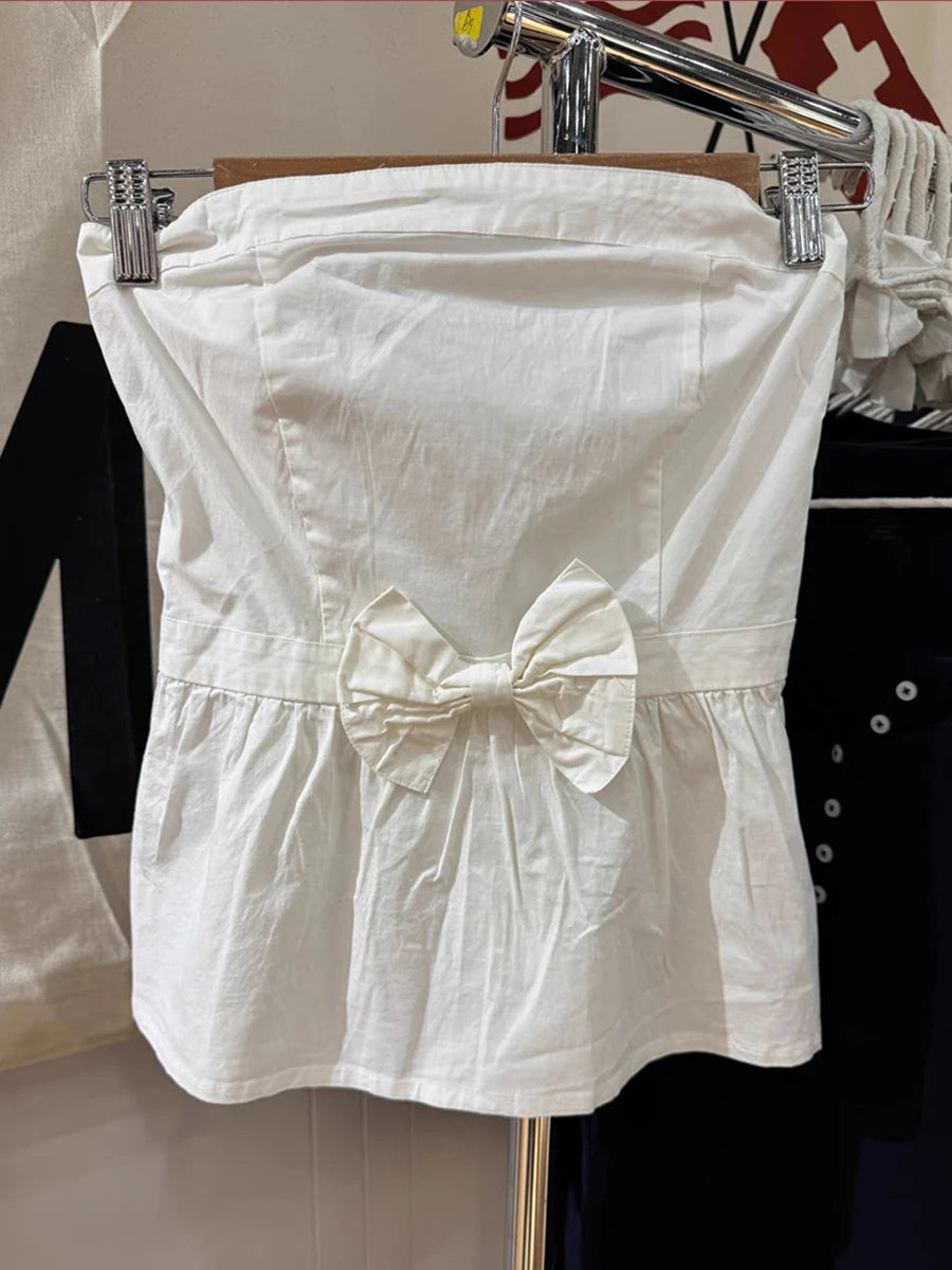LIZAKOSHT  -  Bow White Strapless Tank Top Woman Summer Back Elastic Band Cotton Short Vest Female Elegant Sweet Evenning Party Tube Tops New