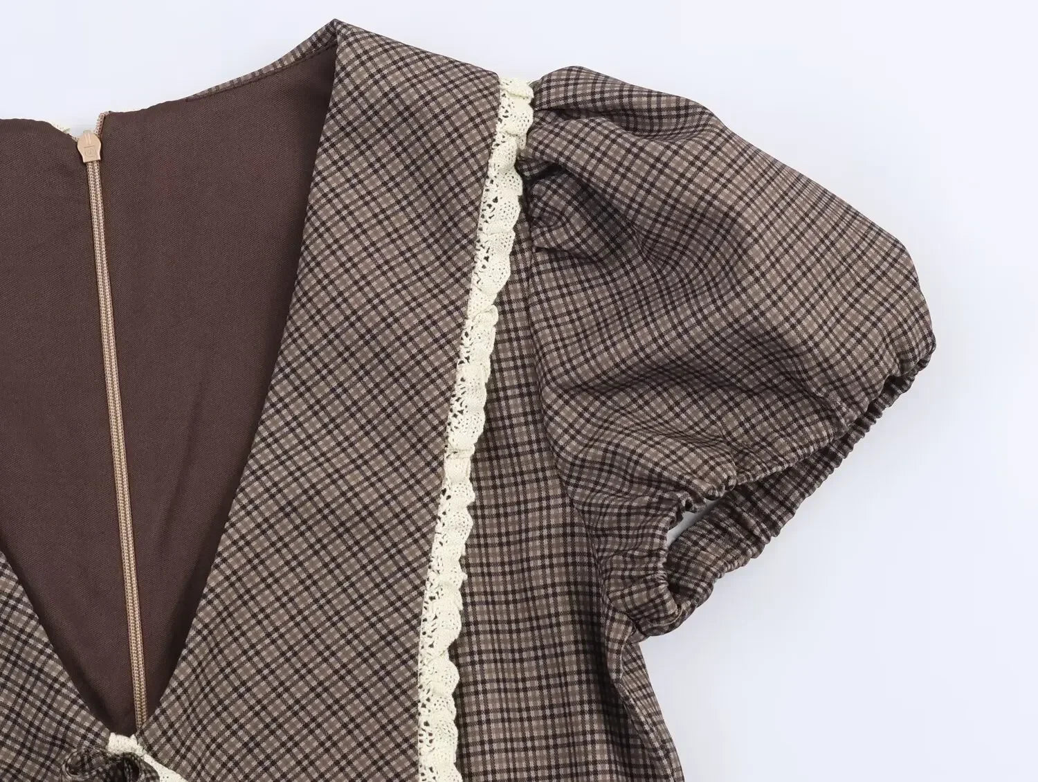 LIZAKOSHT  -  Plaid Waist Cinched Mini Dress Casual V-neck Short Sleeved Lace Up Slim Fit A-line Women Dresses Lady Daily Commute Vestido