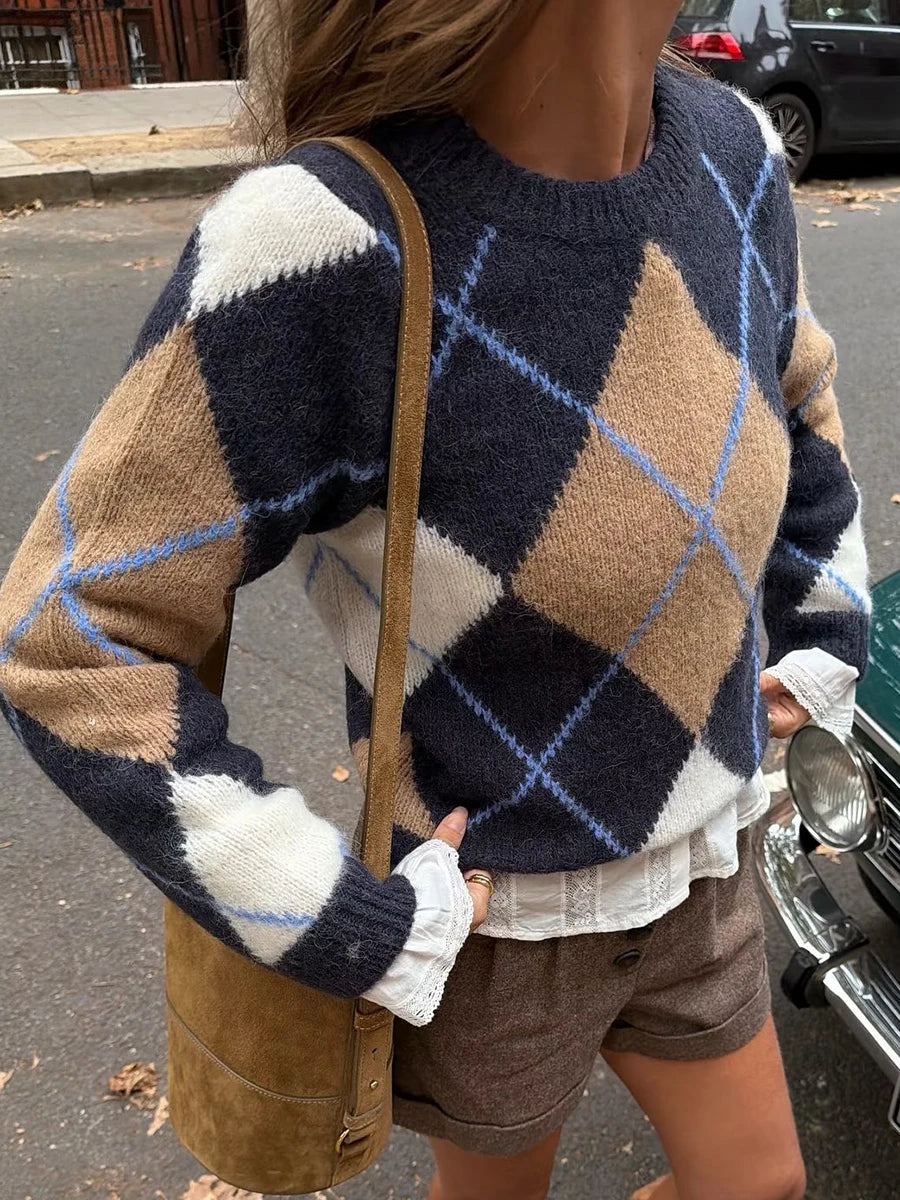 LIZAKOSHT  -  Navy Sweaters Woman Autumn Round Neck Long Sleeve Short Pullover Top Female Vintage Streetwear Preppy Style Jumpers New