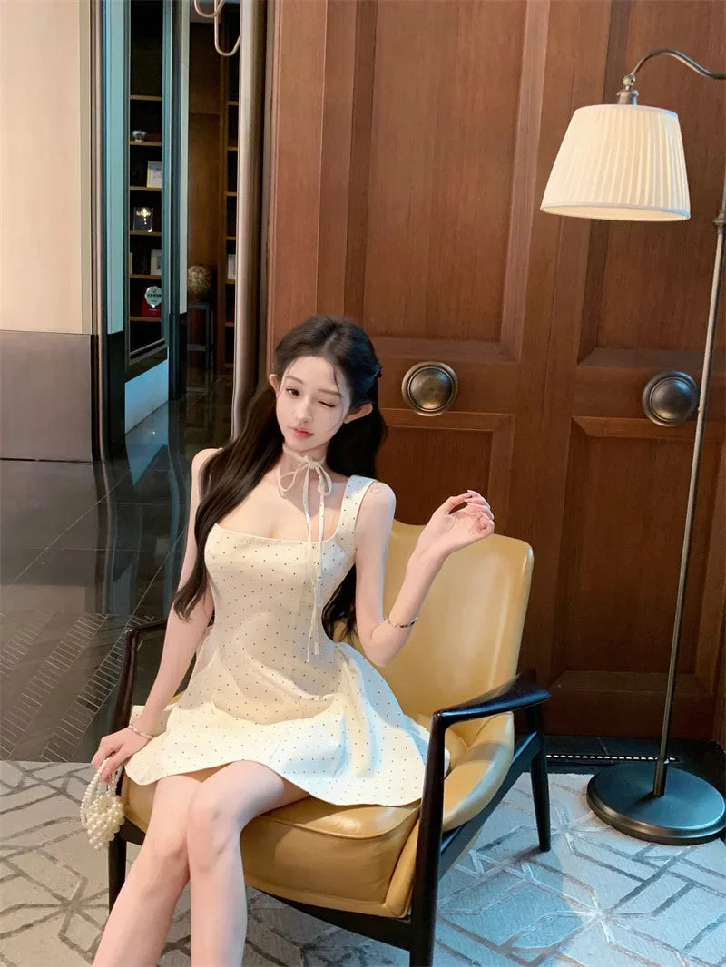 LIZAKOSHT  -  Original High Quality French Polka Dot Strap Dress Women's Summer Sexy Slimming Short Skirt Mini Dress Square Collar Sleeveless