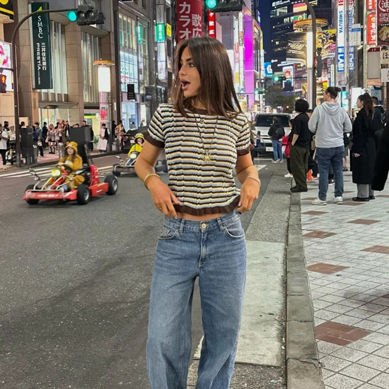 LIZAKOSHT  -  Summer Women's T-Shirt Tops 2025 New Chic Elastic Slim O-neck Striped Tops Women's Street Fashion Joker Youth Knitted T-Shirt