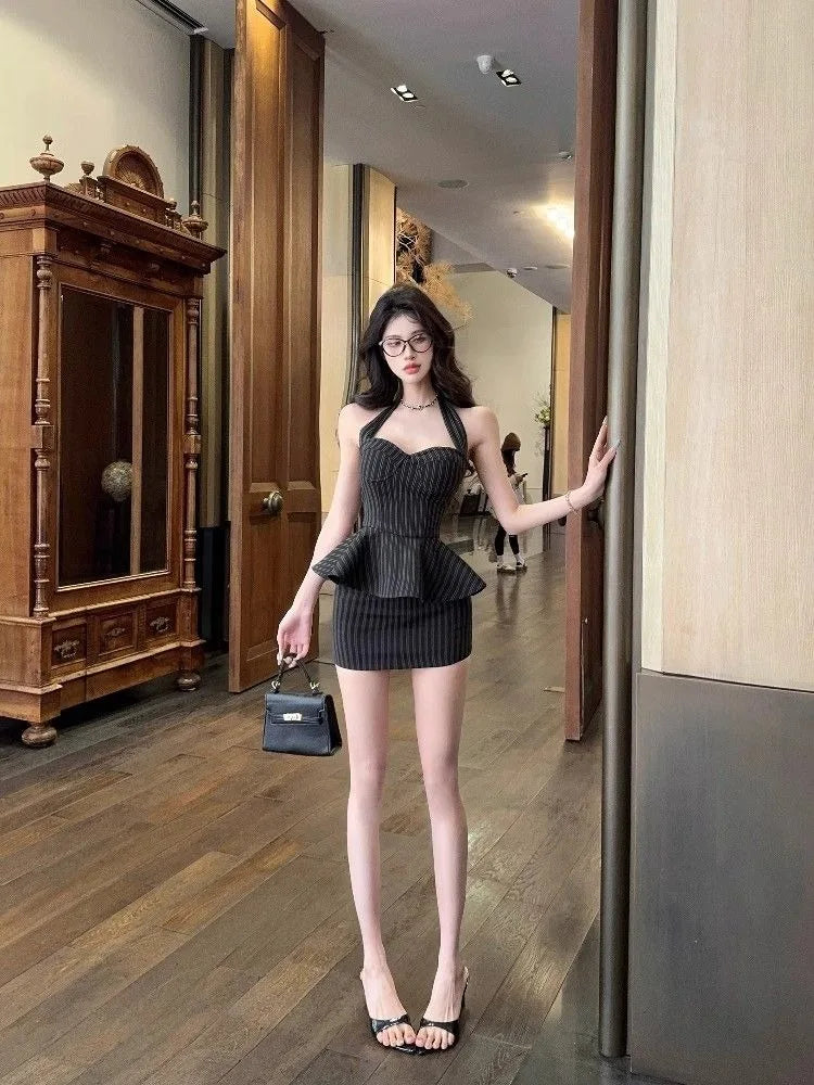 LIZAKOSHT  -  Elegant Ruffles Patchwork Sexy Halter Strapless Vest for Women+ Slim Waist Bodycon Skirts 2025 Summer New Two Piece Sets