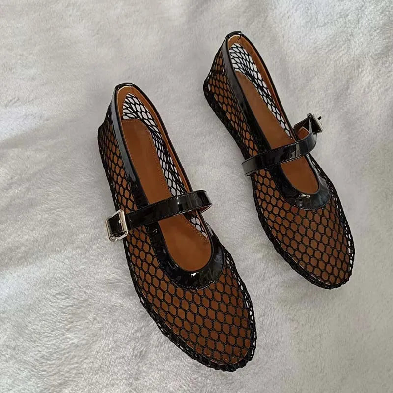 LIZAKOSHT  -  Fashion women mesh ballet falts round toe buckle strap pumps