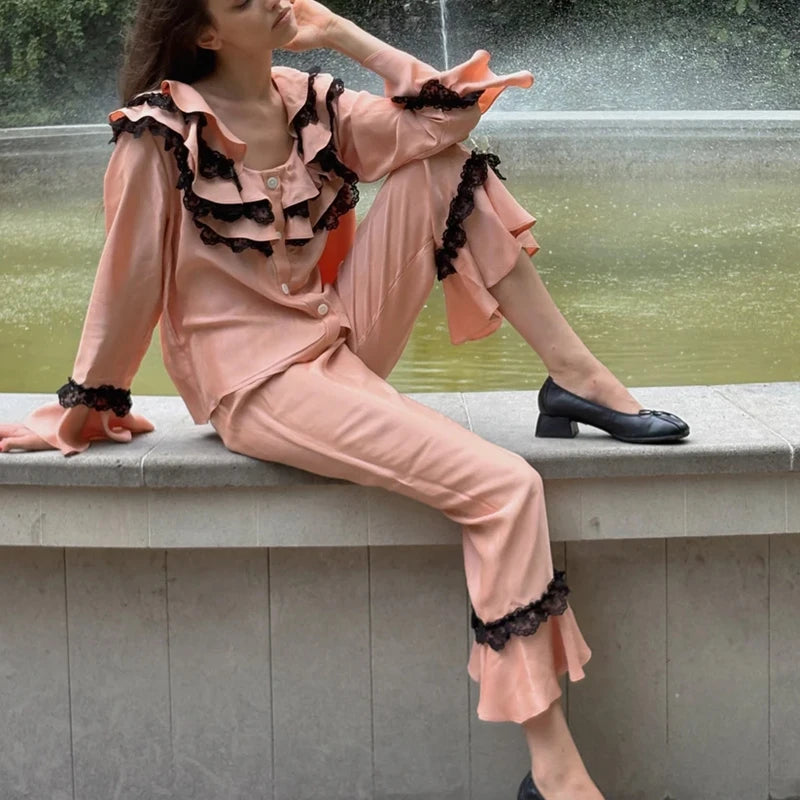 LIZAKOSHT  -  Women Satin Silk Pajamas Lace Trim Long Sleeve Turn Down Ruffles Button Up Blouse Tops + Pants Lounge 2 Pcs Set