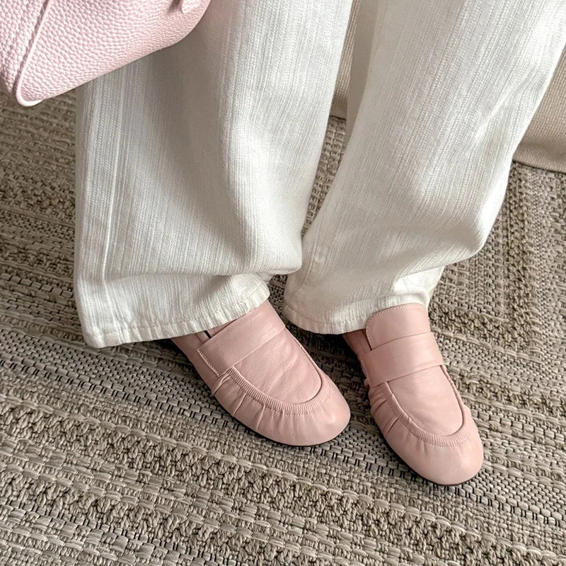 LIZAKOSHT  -  Fashion Loafers Women's New High Quality Genuine Soft Leather Shoes Round Head Ruched  High Heels Casual Shoes Women