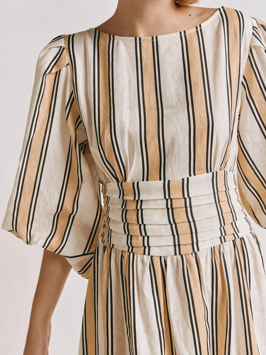 LIZAKOSHT  -  Women Fashion Midi Dress Vintage Striped Print Contrasting Lantern Sleeve Backless Tie-up Waist A-Line Dress Casual Streetwear