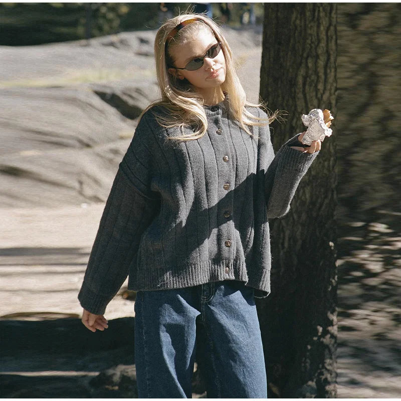 LIZAKOSHT  -  Chic Solid Sweater For Women O-neck Full Sleeve Loose Single Breasted Short Cardigan 2025 Autumn Female Daily Casual Outerwear