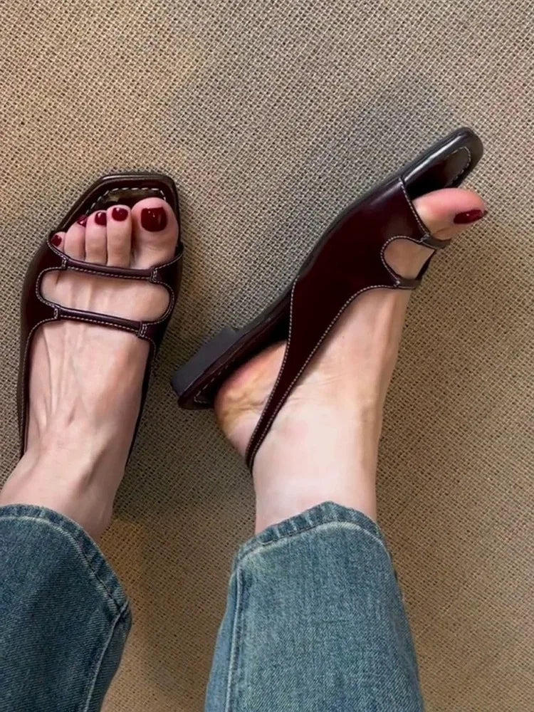 LIZAKOSHT  -  Designer Retro Summer Buckle Sandals French Elegant Women Flat Sandals Beach Square Toe Roman Shoes Ladies
