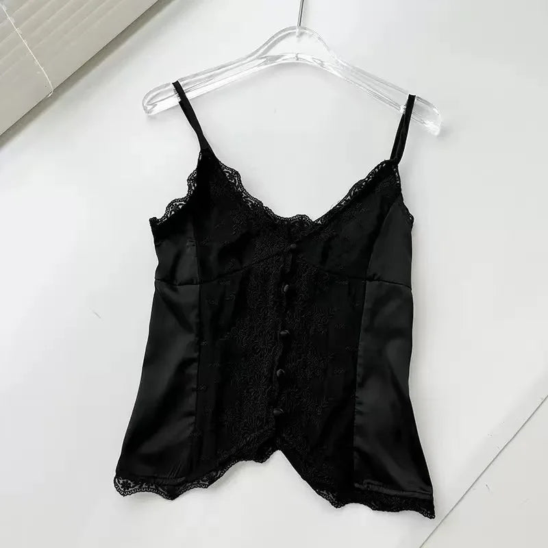 LIZAKOSHT  -  Lace Border V-neck Button Patch Thin Shoulder Strap Women's Summer White Elegant Sexy Short Versatile Single Breasted Button Top