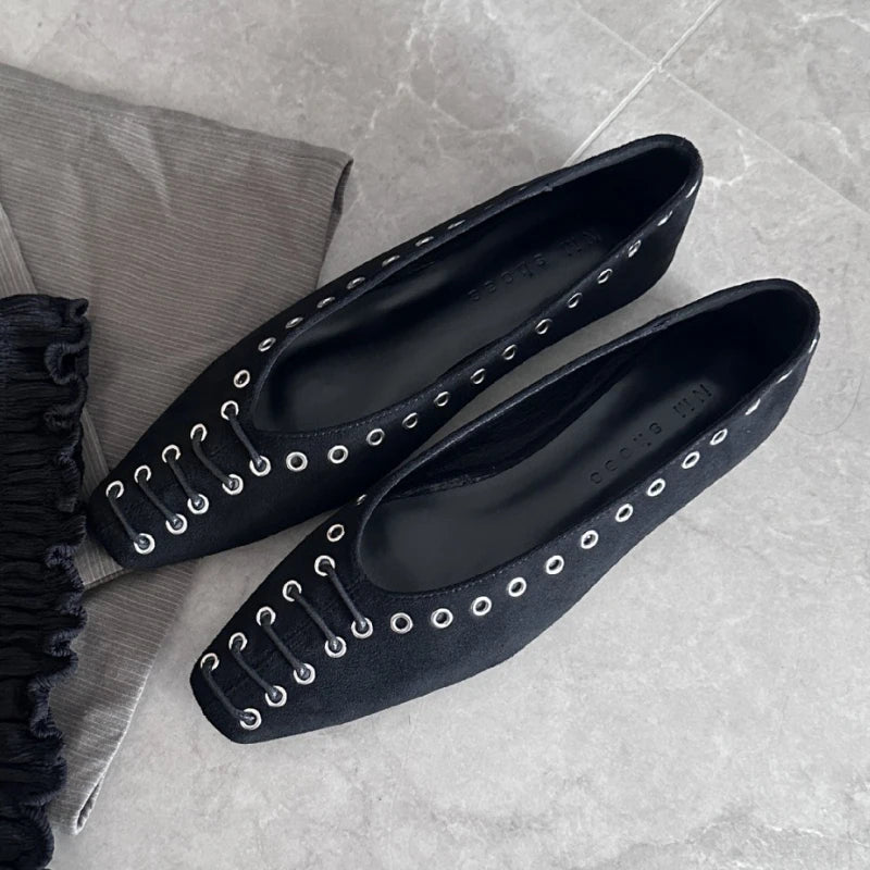 LIZAKOSHT  -  Square Toe Faux Suede Flats Women Comfort Rivet Design Shallow Mouth Loafers Vintage Soft Sole Designer Mary Jane Shoes