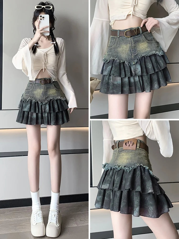 LIZAKOSHT  -  Women Blue A-line Denim Skirt Vintage Aesthetic Y2k Mini Jean Skirt Harajuku Korean Streetwear Cowboy Skirt 2000s Clothes Summer