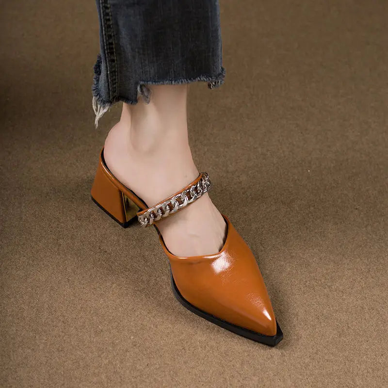 LIZAKOSHT  -  Womens Slippers Summer Baotou Sandals Pointed Toe Shallow Mouth Metal Chain One Slip Strap Anti-slip Outer Wear Square HighHeels
