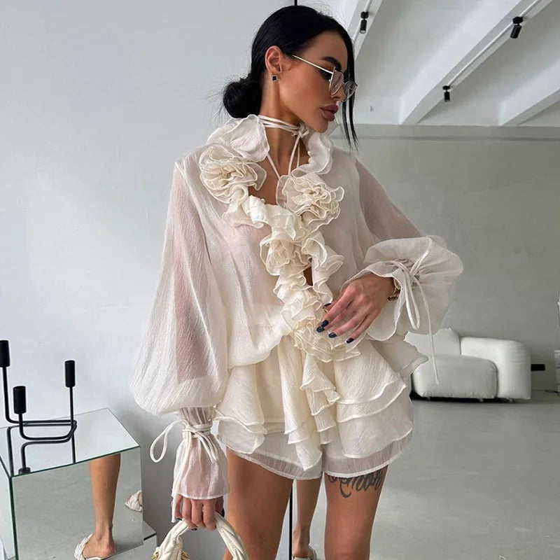 LIZAKOSHT  -  Ruffle Women's Shirt Shorts Sets 3D Flower V-neck Lace Up Long Sleeve Top Elastic Waist Short Pants two pieces set Lady Suits