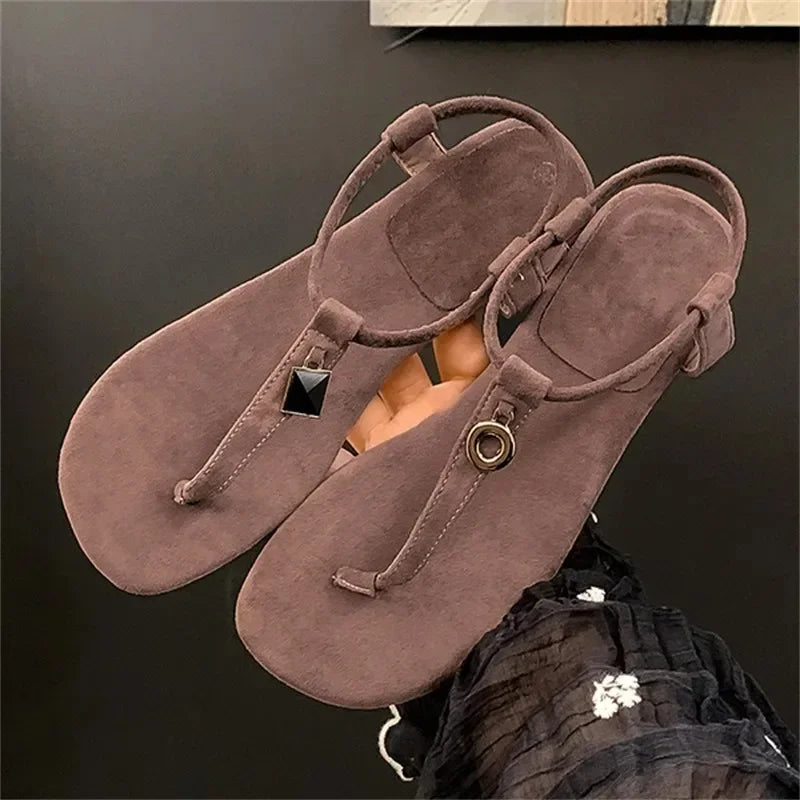 LIZAKOSHT  -  Summer Women's Blue Suede T-Strap Flip Flops Metal Decor Flat Sandals Ankle Strap Casual Slingback Slippers Beach Shoes