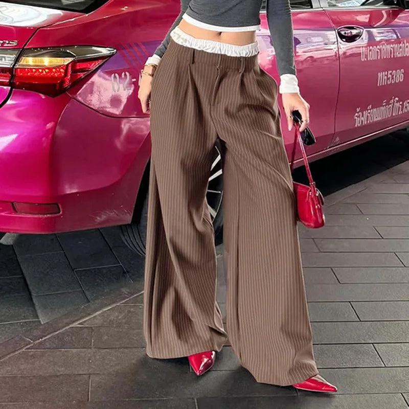 LIZAKOSHT  -  Summer New Cross Border Waist Patch Stripe Casual Pants Simple Drape Contrast Straight Suit Pants