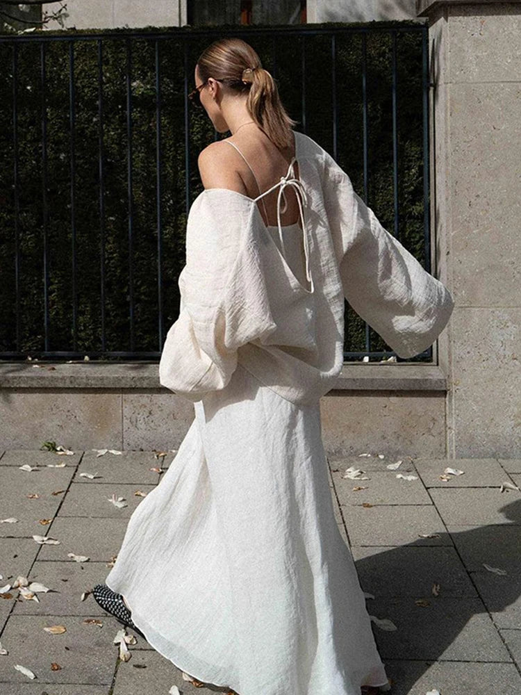 LIZAKOSHT  -  Ladies' Sexy Backless Shirt Back Opening Tie White Top Long Sleeved Loose Casual Cover Deep V Autumn Women's Clothing