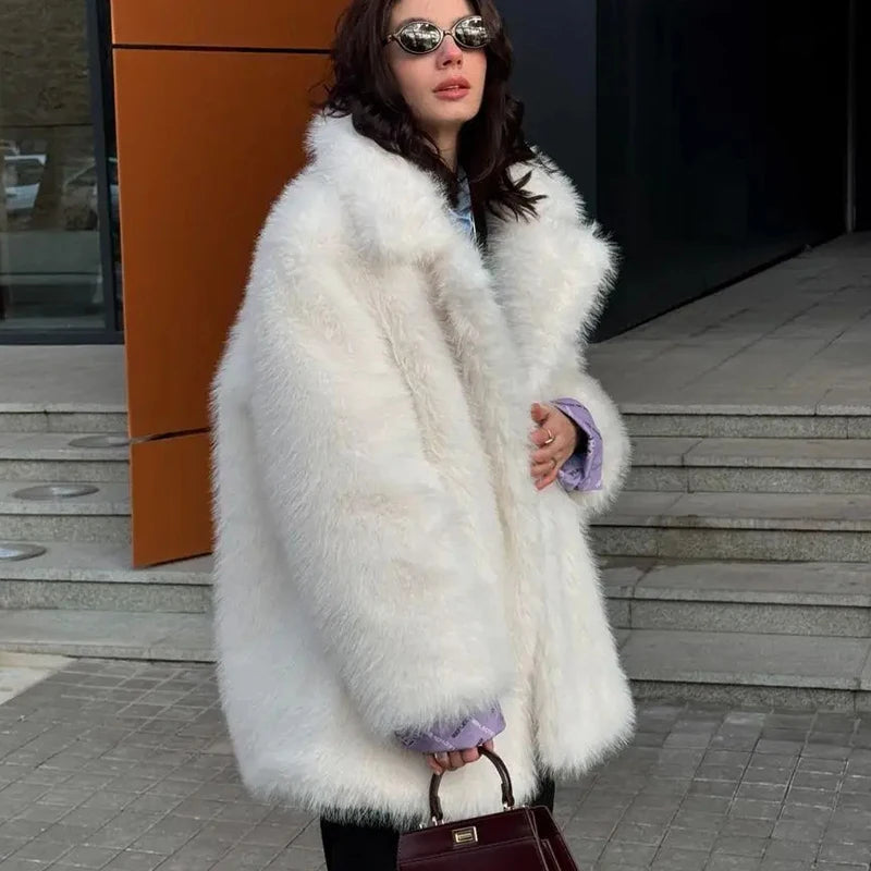 LIZAKOSHT  -  New Thick Cotton Winter Fur Coat Women Suit Collar White Medium Long Luxury Fox Fur Overcoat  High Quality Fury Plush Jacket