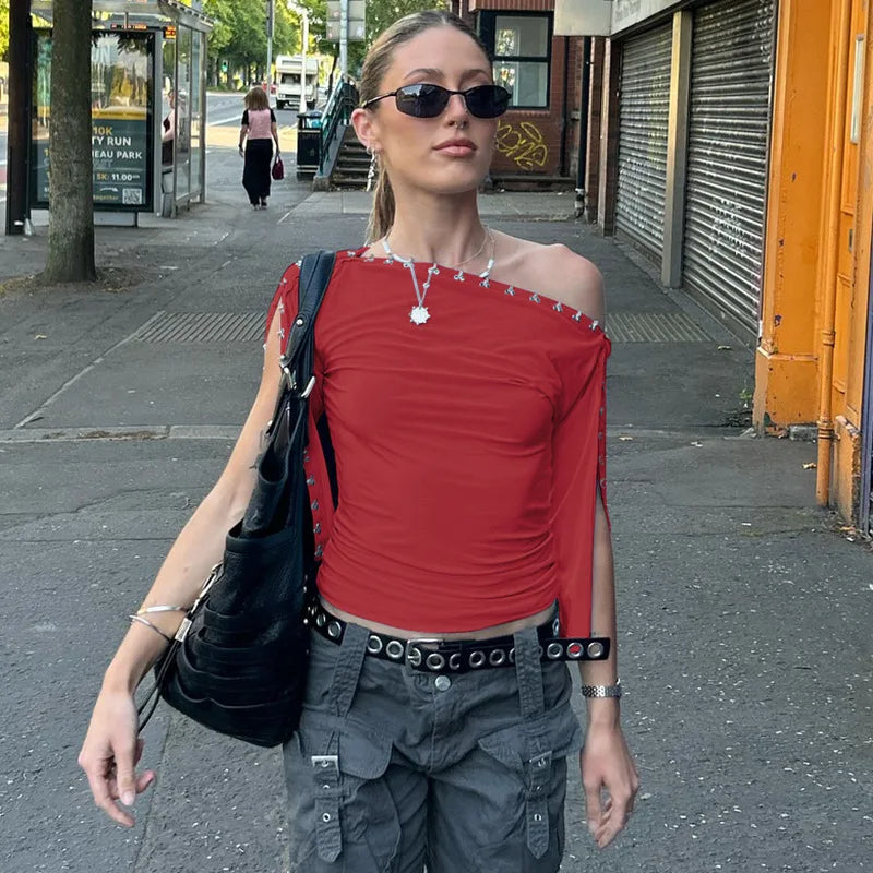 LIZAKOSHT  -  Women's Chic Diagonal Collar T-shirts Sexy Off Shoulder Half Sleeve Asymmetrical Crop Tops Ladies Blue T Shirt Streetwear