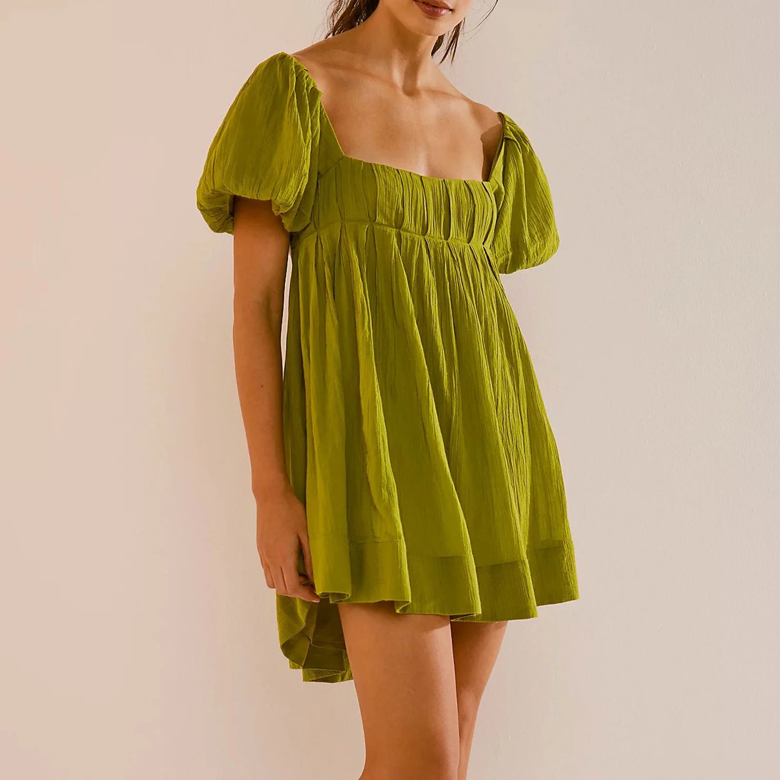 LIZAKOSHT  -  Women Y2k Puff Sleeve Babydoll Short Dress Square Neck Tie Back Mini Dress Flowy Solid Color Summer Vacation Dres