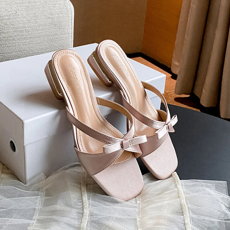 LIZAKOSHT  -  new summer silk slippers women bowtie narrow band sandalias mujer low heel party slides shoes 35-43 big size pink flip flop