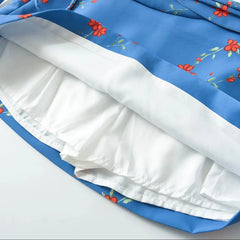 LIZAKOSHT  -  Summer Girl Bandage Lacing Up Sashes Ruched Waist Blue Floral Print Mini Skirts Fashion Women Zip up Waist A-lined Short Skirts