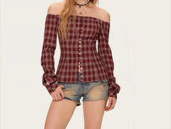 LIZAKOSHT  -  2026 Spring New Arrival Plaid One-Shoulder Long Sleeve Shirt with Design Appeal, Niche Style, Exposed Shoulder Top for Women