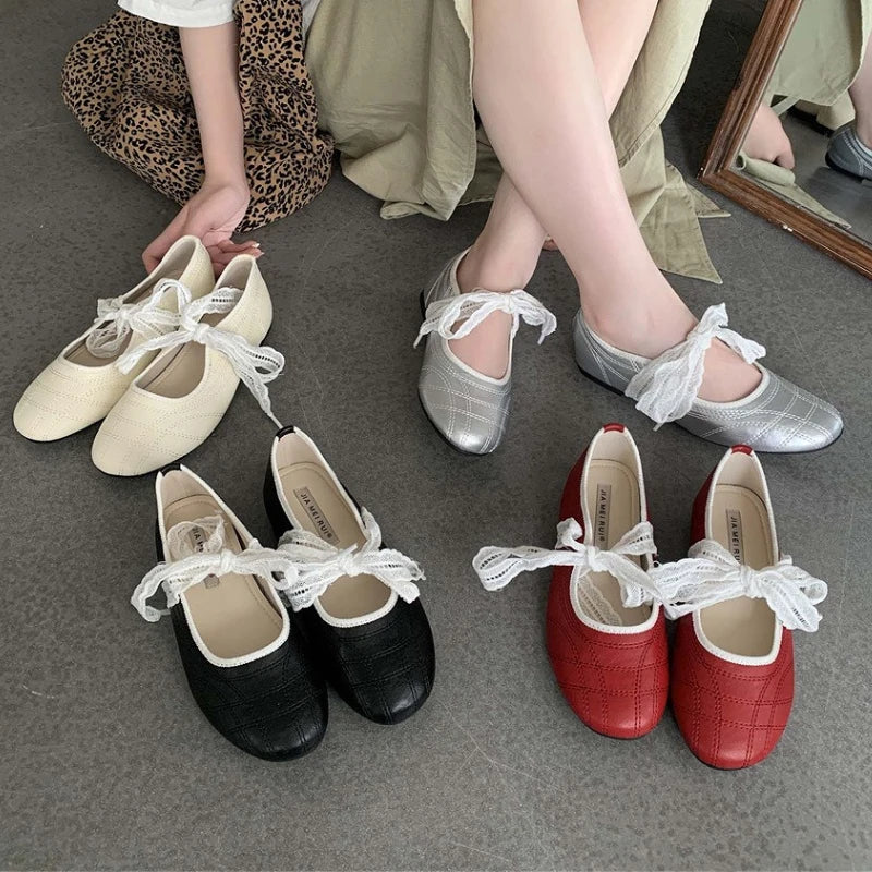 LIZAKOSHT  -  Fashion Round Toe Ballet Flats Women Butterfly-knot New Concise Casual Flat Shoes Comfy Silvery Brand Designer Women Shoes