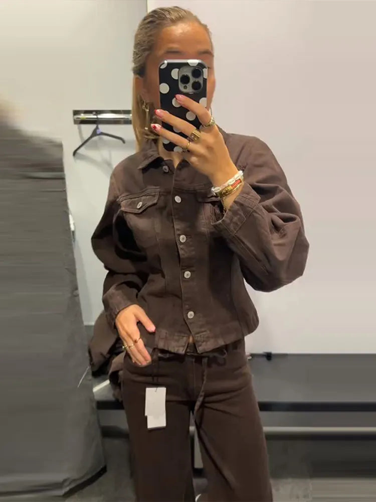 LIZAKOSHT  -  Solid Color Denim Jacket Pants Woman Set Lapel Waist Cinched Jackets Lace Up High Waist Trousers Casual Street Women's New Suits