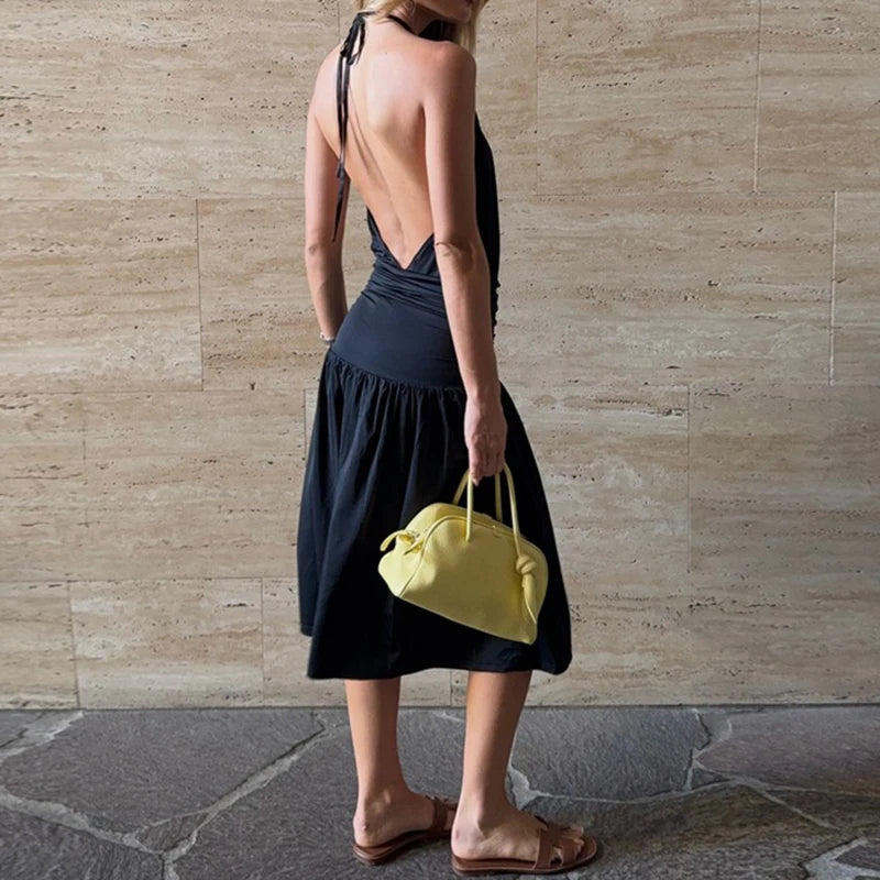 LIZAKOSHT  -  Summer Solid Color Fit Commute Lady Dress Fashion Sleeveless Hollow Out Maxi Dress Elegant High Waist Backless Pleat Party Dress