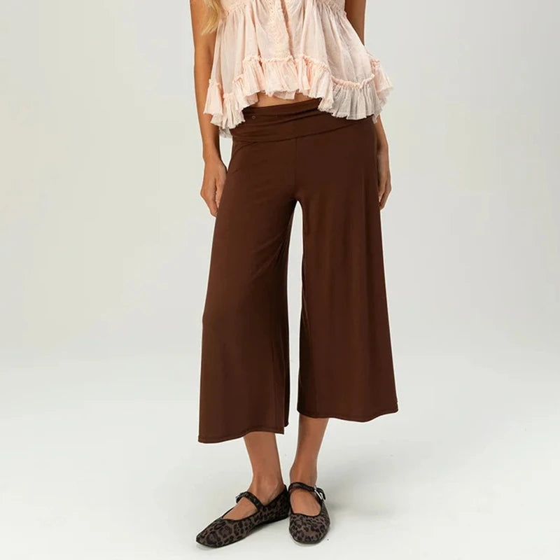 LIZAKOSHT  -  Women's Y2k Fold Over Loungewear Capris Wide Leg Cropped Flowy Gaucho Pants Comfy Casual Yoga Coluttes Pajama Bottoms