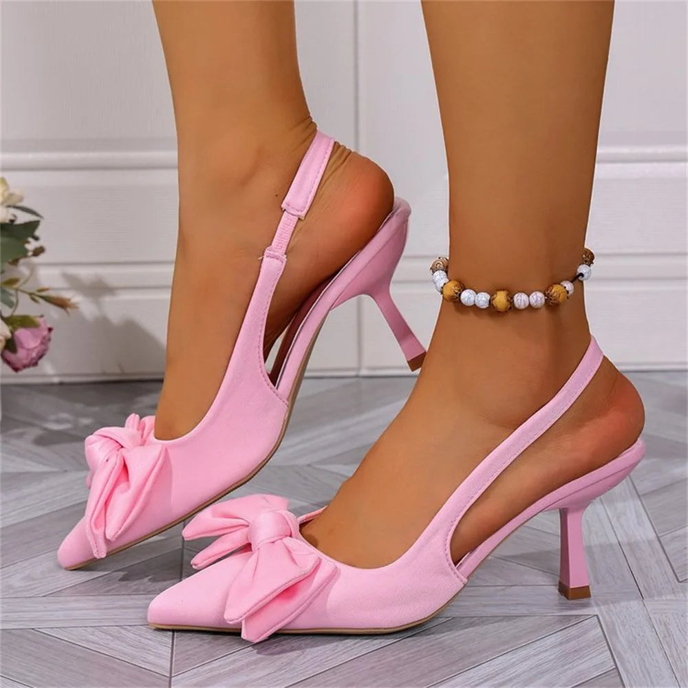 LIZAKOSHT  -  Big Size 43  Women's Summer Yellow Pointed Toe Slingback Sandals Slip on Elegant Kitten High Heels Shoes  with Little Bow