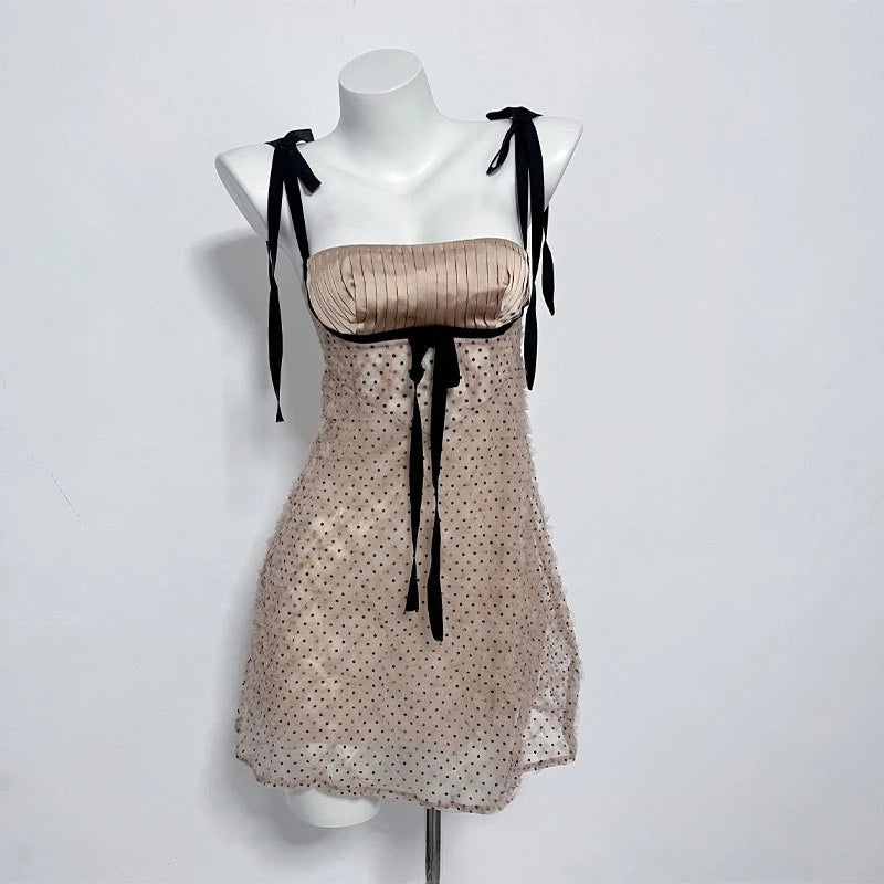 LIZAKOSHT  -  Fashion Women Dress High Quality Polka Dot Nightdress Sexy Mesh Bow Bodycon Vintage Dresses vestidos Wedding Night Dress